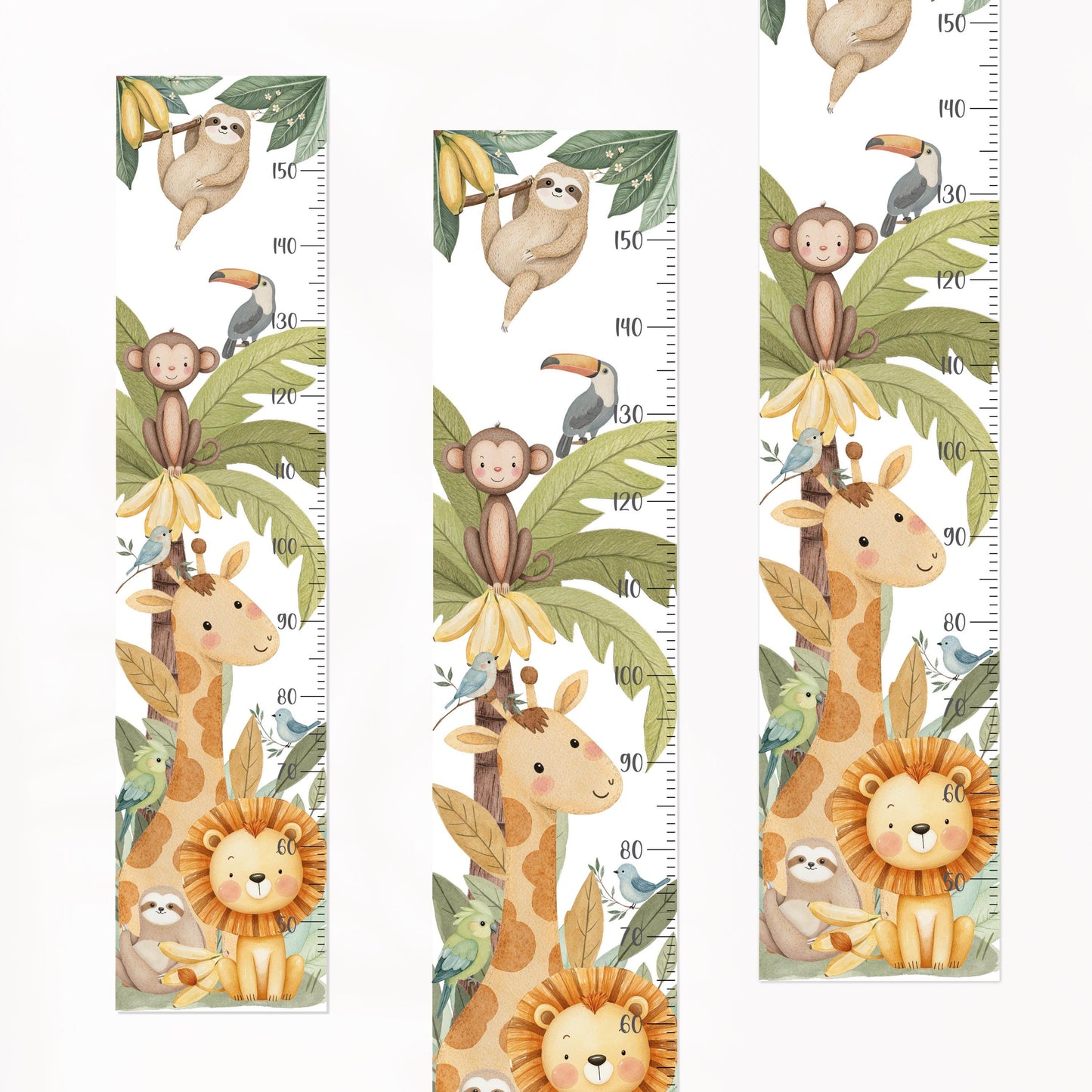 Jungle Animals Height Chart Wall Decals – Watercolor Growth Ruler with Giraffe, Monkey & Lion – Reusable Nursery Wall Art in Safari Theme