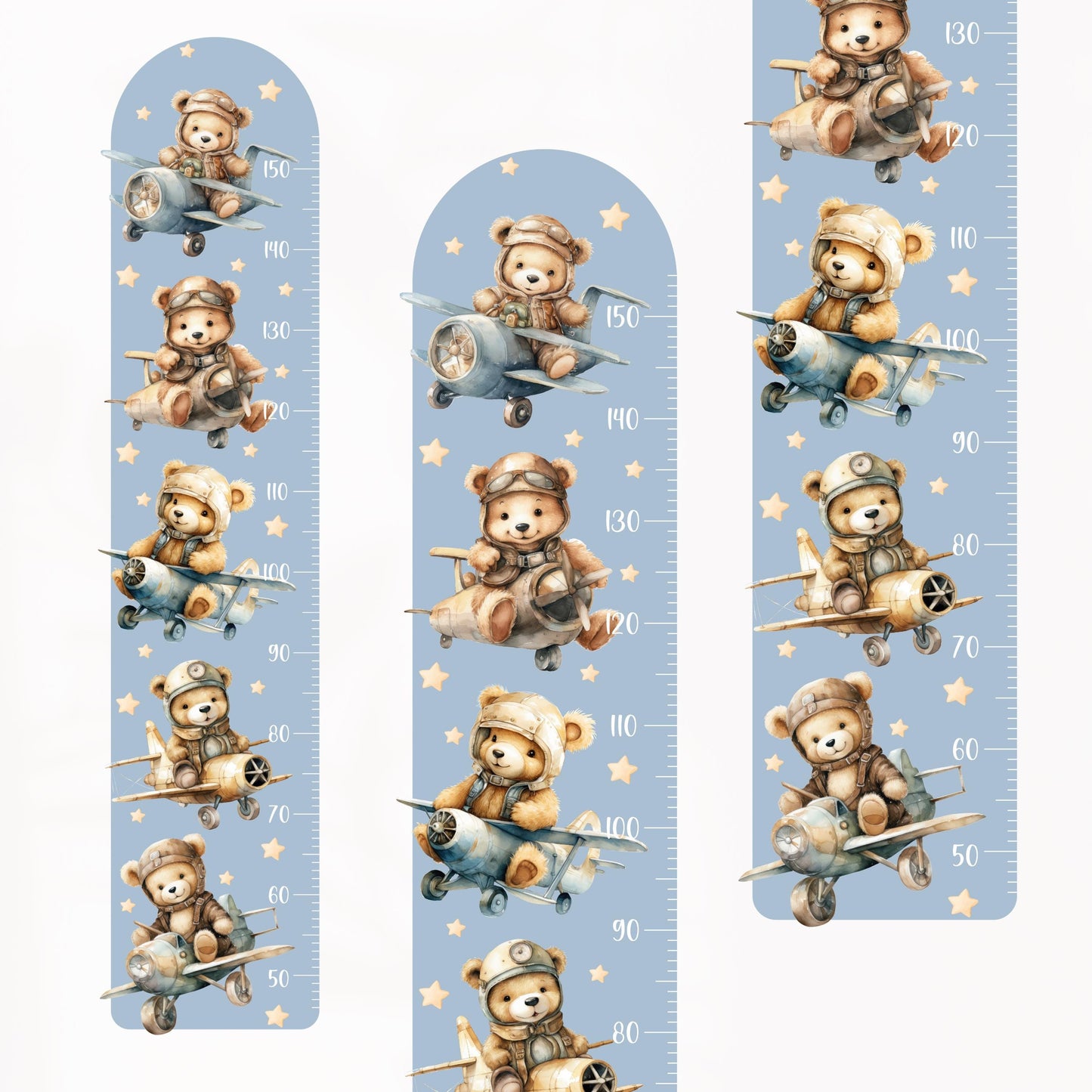 Teddy Bear Aviator Growth Chart Wall Decal – Personalized Height Ruler for Kids, Peel & Stick, Eco-Friendly Nursery Wall Art