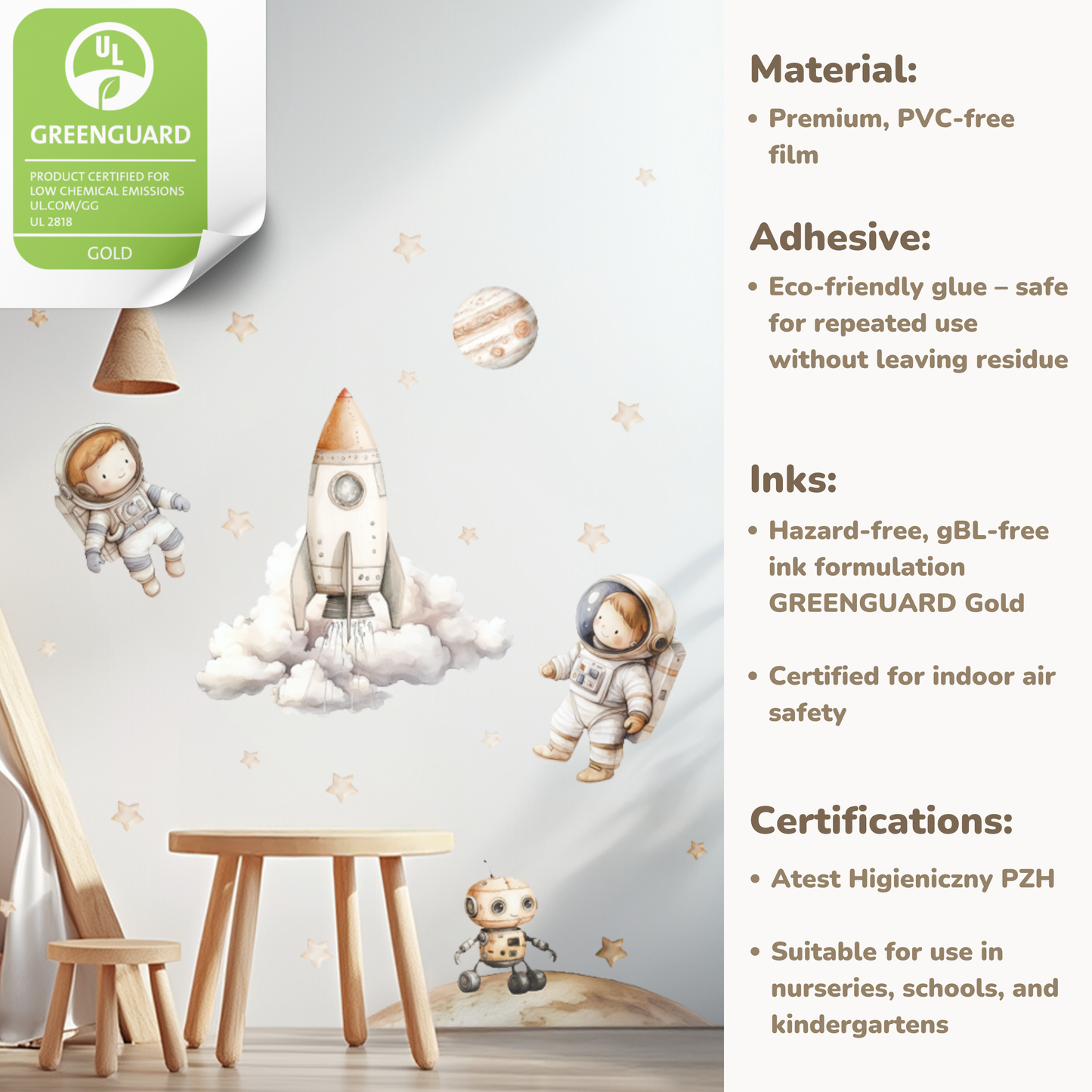Space-Themed Wall Decals – PVC-Free Watercolor Stickers for Nursery & Playroom | Safe, Reusable and Eco-Friendly Decor