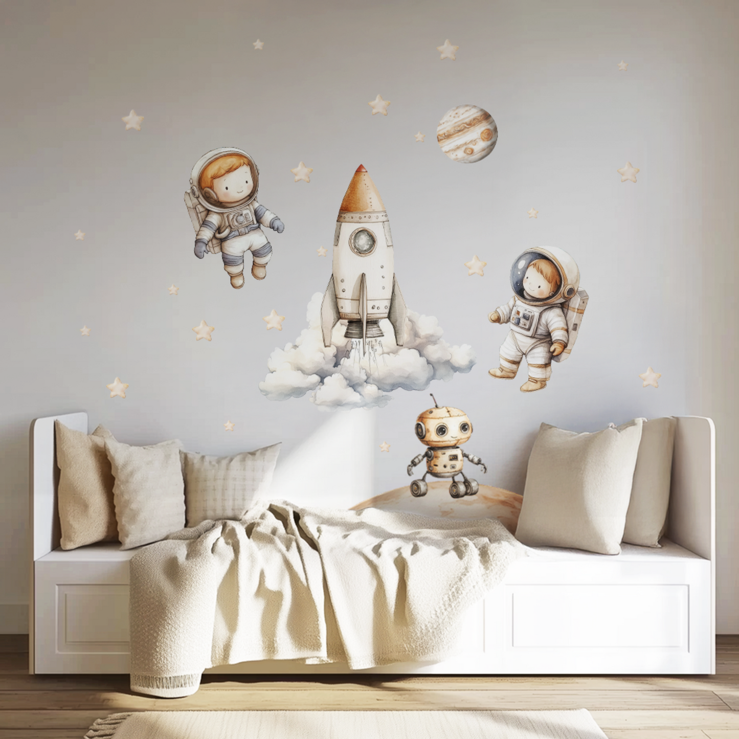 Space-Themed Wall Decals – PVC-Free Watercolor Stickers for Nursery & Playroom | Safe, Reusable and Eco-Friendly Decor