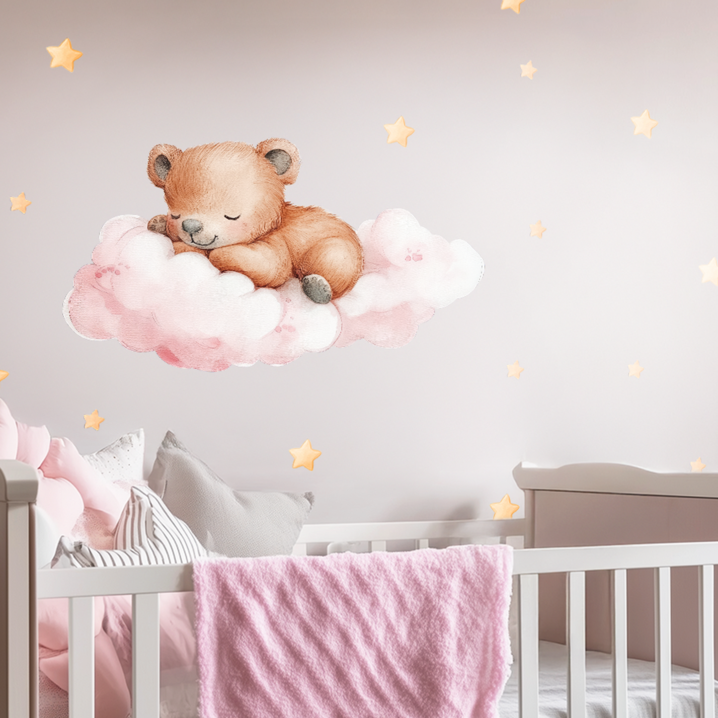 Teddy Bear Wall Stickers - Children's room Wall Decal with Moon, Stars and Clouds, Baby Shower Nursery Interior Decor, Kids Bedroom Decals