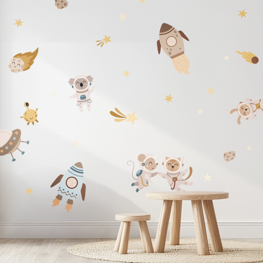 Space Wall Decals – Reusable & Safe Stickers with Rockets, Stars and Astronaut Animals for Kids Room in L and XL Sizes