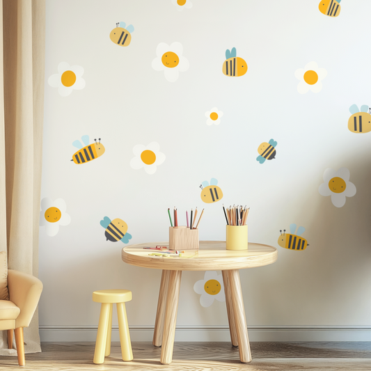 Bees & Flowers Wall Decals – Floral Bee Kids Room Decor, Nature-Inspired Nursery Wall Art, Adorable Reusable Stickers for Children’s Spaces