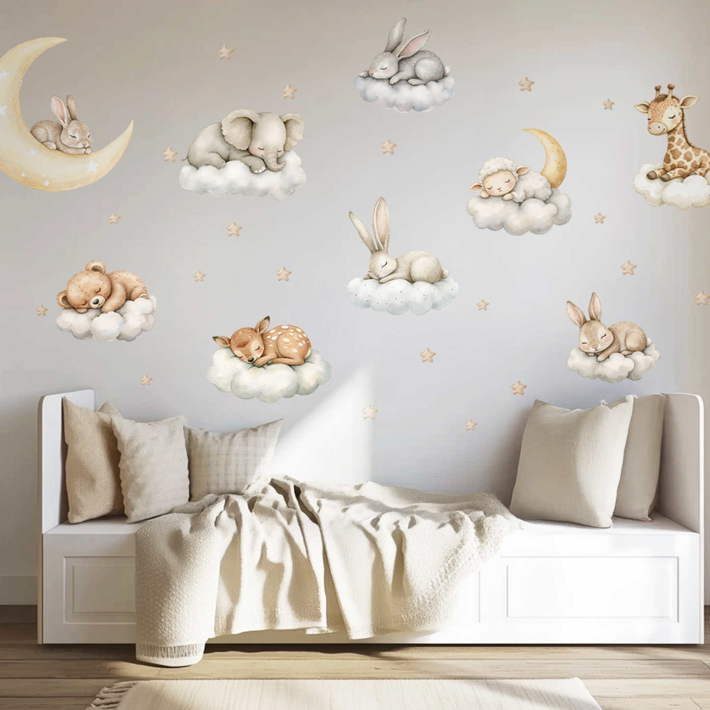 Wandaufkleber „Schlafende Häschen“ – Verträumte Kinderzimmerdekoration, wiederverwendbare Aufkleber fürs Babyzimmer mit Sternen und Wolken