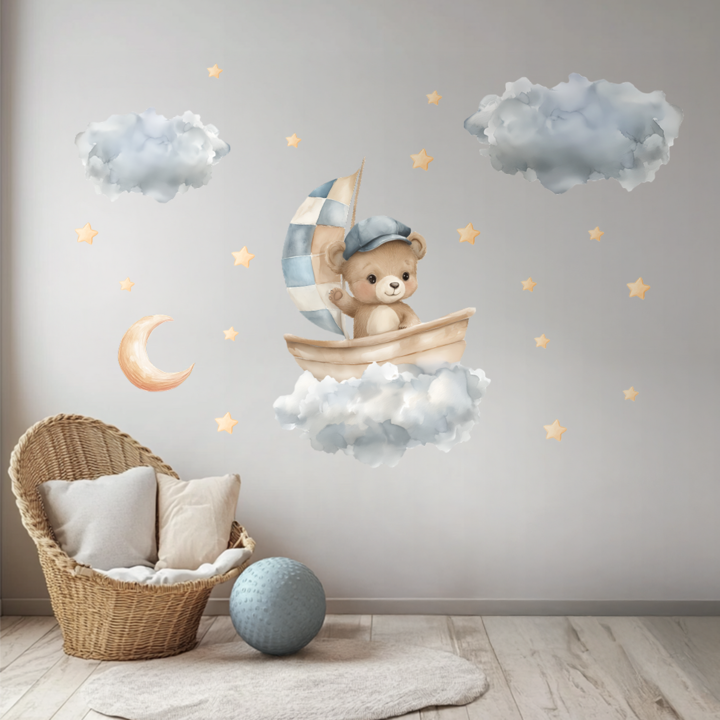 Bear in Boat Wall Decals – Watercolor Nursery Stickers with Clouds, Stars & Moon, Removable and Non-Toxic Baby Room Decor