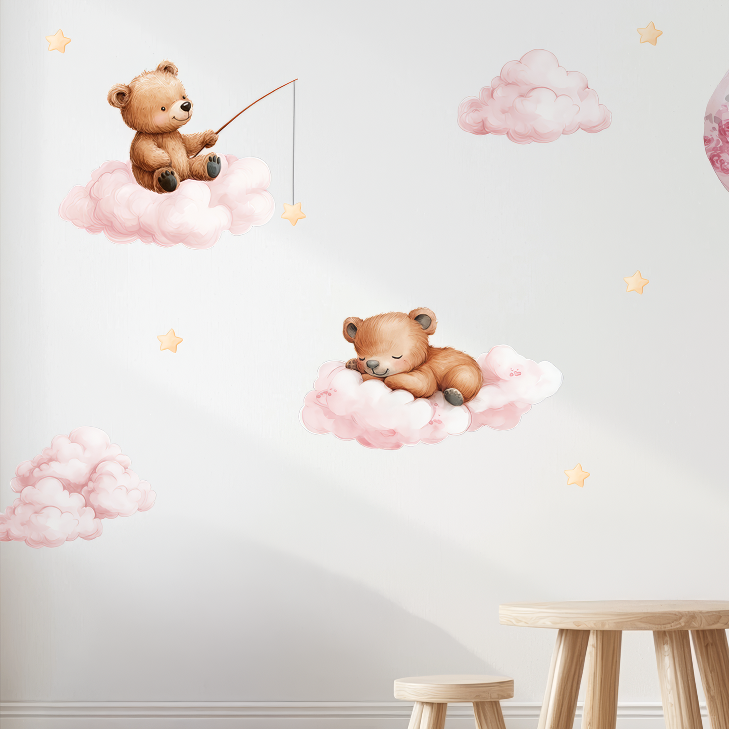 Sleepy Bears Wall Decals – Dreamy Nursery Decor, Clouds & Stars Stickers, Soothing Reusable Baby Wall Art