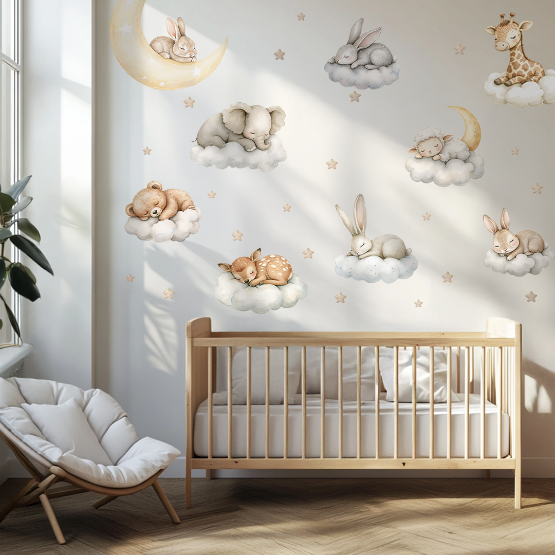 Wandaufkleber „Schlafende Häschen“ – Verträumte Kinderzimmerdekoration, wiederverwendbare Aufkleber fürs Babyzimmer mit Sternen und Wolken