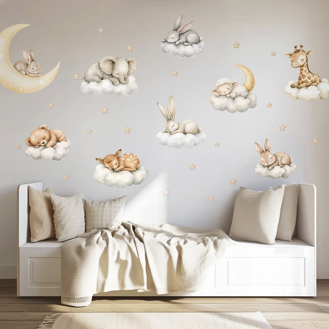 Wandaufkleber „Schlafende Häschen“ – Verträumte Kinderzimmerdekoration, wiederverwendbare Aufkleber fürs Babyzimmer mit Sternen und Wolken