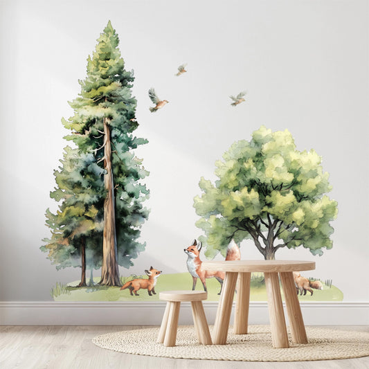 Watercolor Forest-Themed Wall Decals – Reusable, Safe, Cute & Eco-Friendly Kids Room Decor with Size Options for Playroom or Classroom