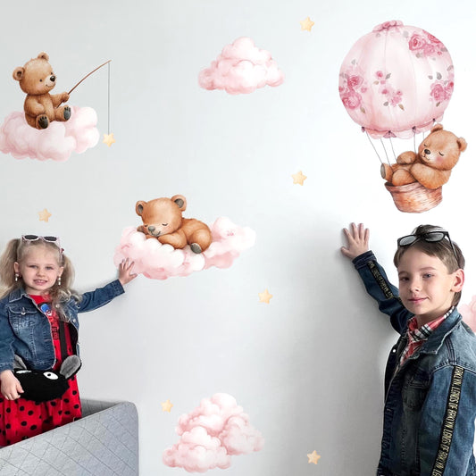 Bears & Clouds Wall Decals – Soft Nursery Decor for Baby Room, Watercolor Bear Stickers, Removable and Reusable Kids Wall Art