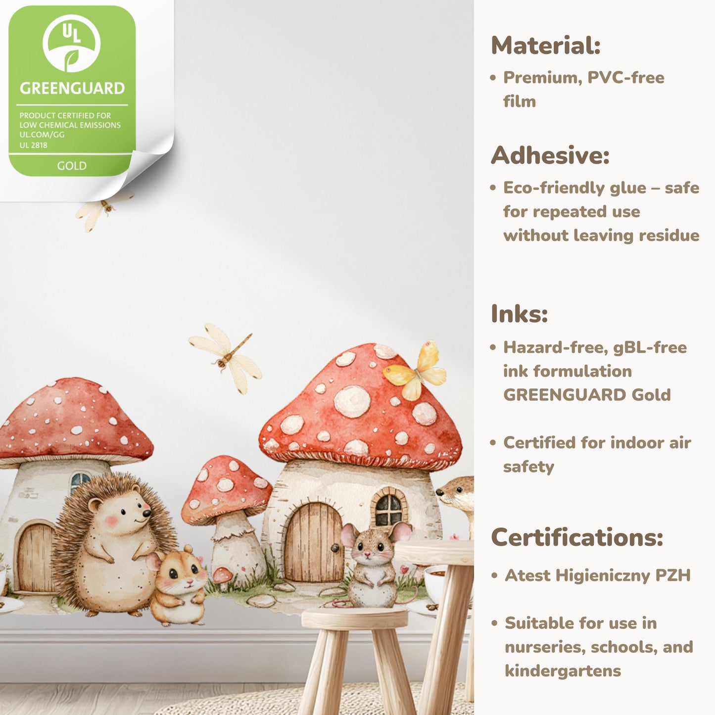 Woodland Village Wall Decals – Watercolor Forest Animals & Mushrooms, Removable and PVC-Free, Available in Large and Extra Large Sizes