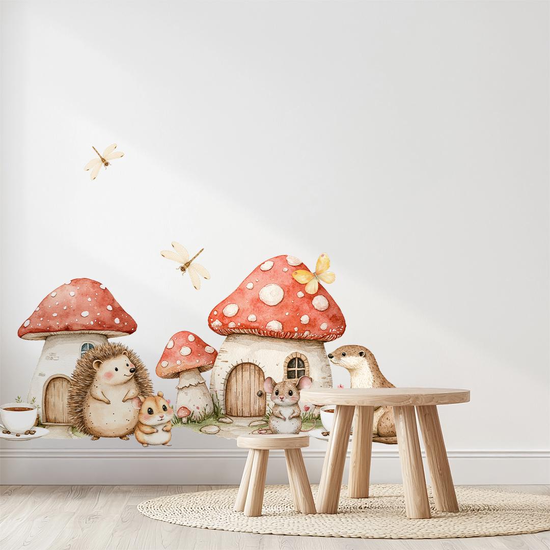Woodland Village Wall Decals – Watercolor Forest Animals & Mushrooms, Removable and PVC-Free, Available in Large and Extra Large Sizes