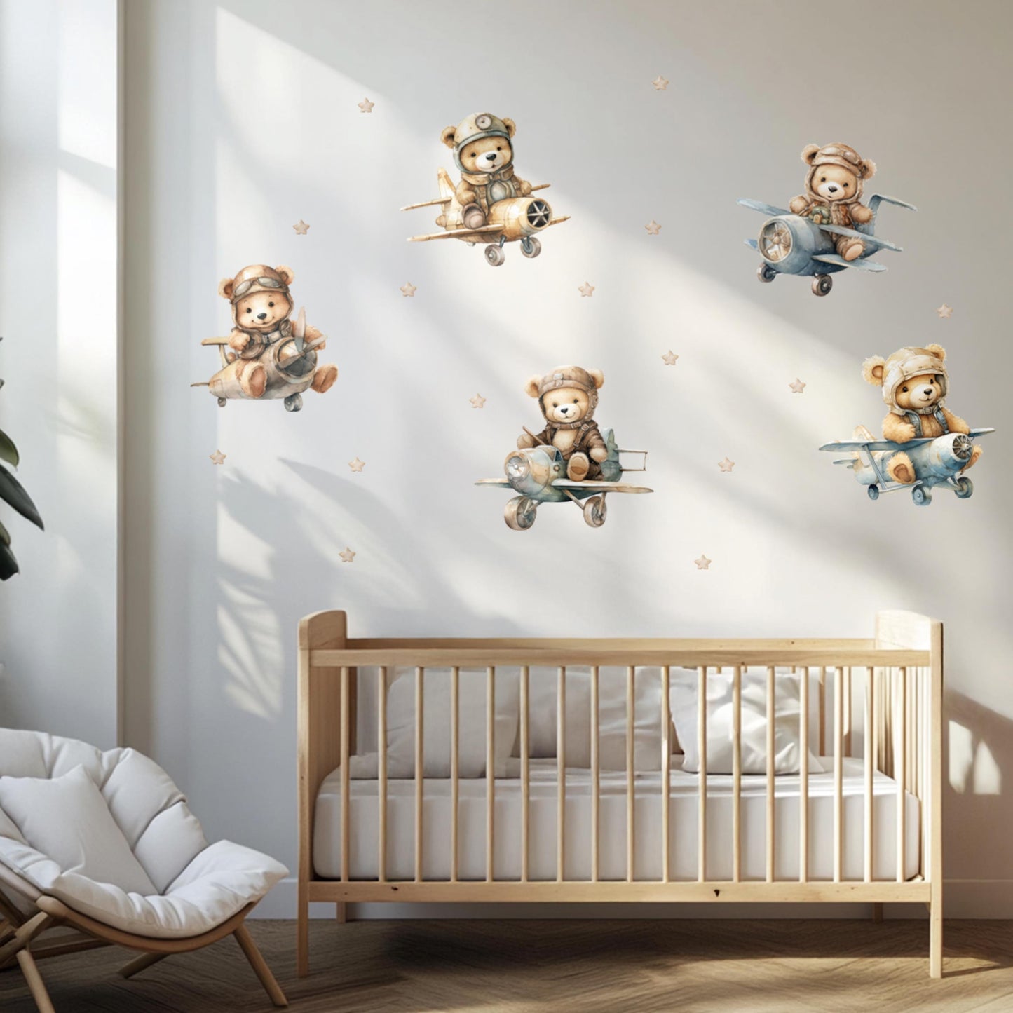 Bear Pilots Wall Decals – Adventure-Themed Nursery Decor for Boys, Removable Plane Stickers with Stars, Soft Watercolor Style