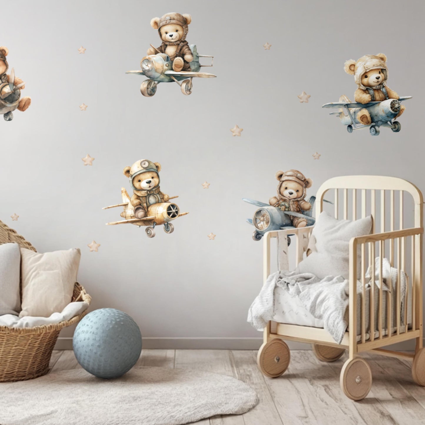 Bear Pilots Wall Decals – Adventure-Themed Nursery Decor for Boys, Removable Plane Stickers with Stars, Soft Watercolor Style
