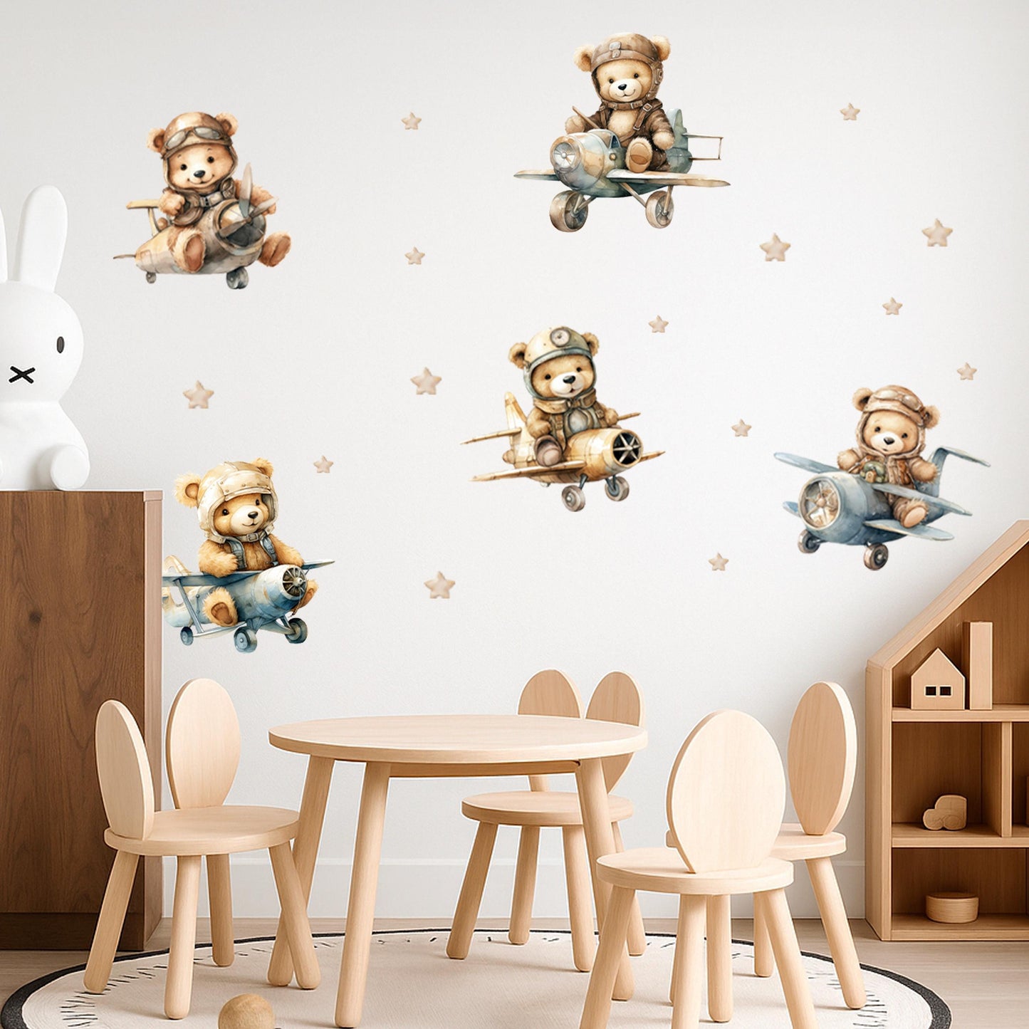 Bear Pilots Wall Decals – Adventure-Themed Nursery Decor for Boys, Removable Plane Stickers with Stars, Soft Watercolor Style