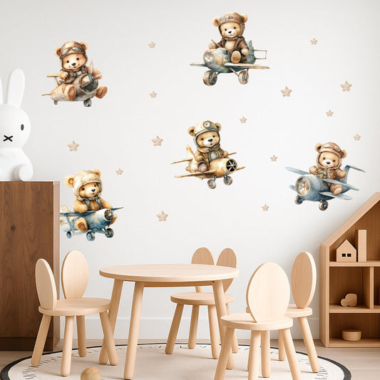 Bear Pilots Wall Decals – Adventure-Themed Nursery Decor for Boys, Removable Plane Stickers with Stars, Soft Watercolor Style