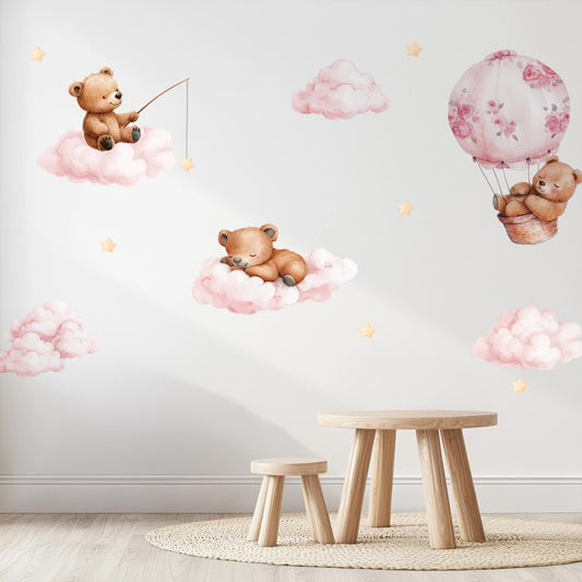 Bären &amp; Wolken Wandaufkleber – Weiches Kinderzimmerdekor für Babyzimmer, Aquarell-Bärenaufkleber, abnehmbare und wiederverwendbare Wandkunst für Kinder