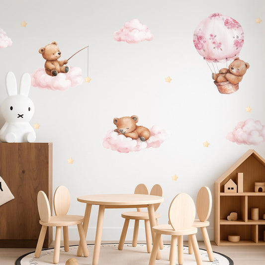 Sleepy Bears Wall Decals – Dreamy Nursery Decor, Clouds & Stars Stickers, Soothing Reusable Baby Wall Art