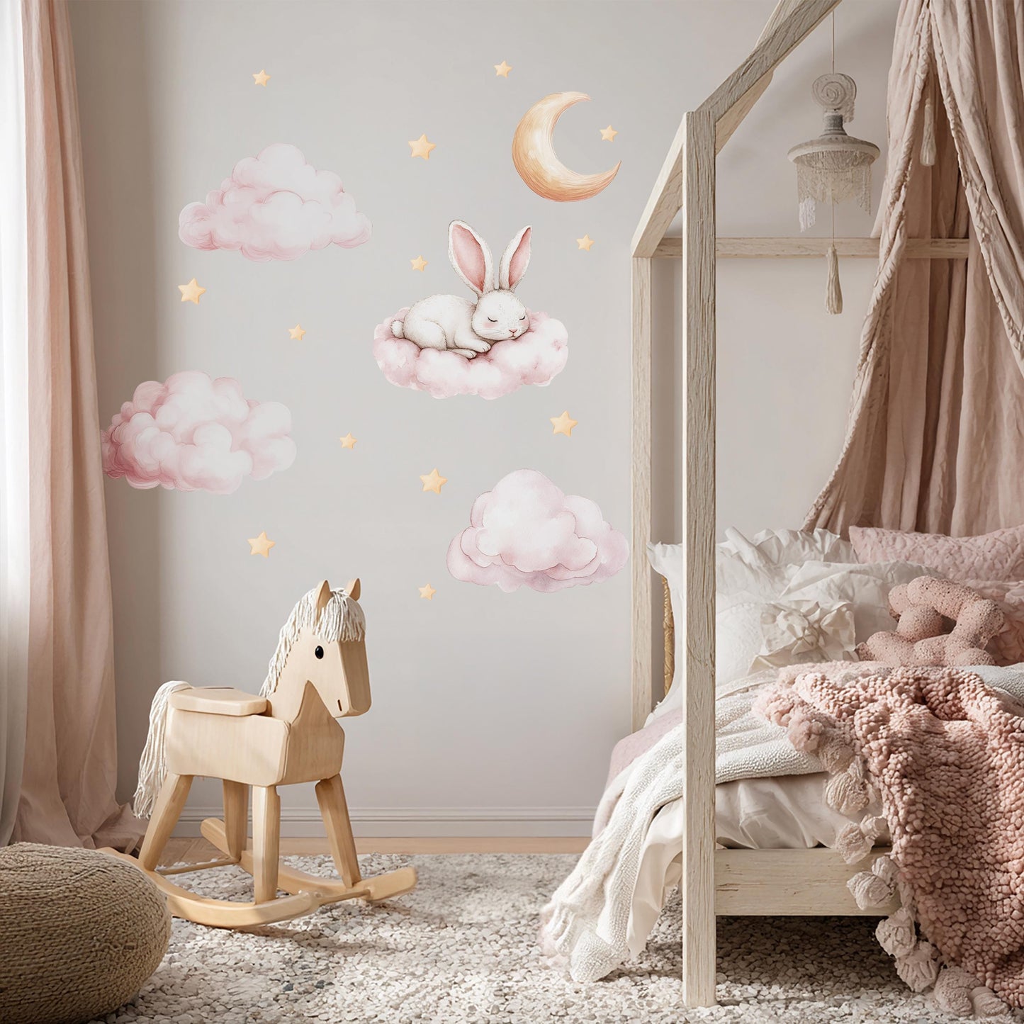 Teddy Bunny Wall Decals – Sleeping Bunny on Cloud with Stars & Moon, Soft Pink Watercolor Nursery Stickers, Dreamy Girls Room Wall Decor