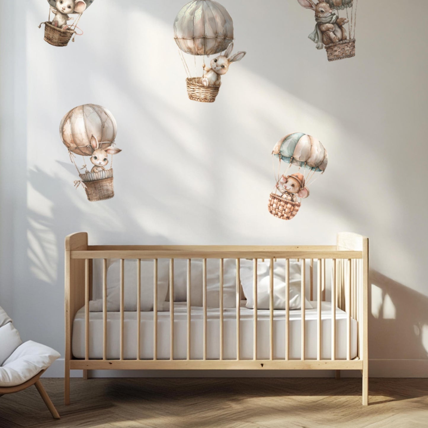 Flying Animals Wall Decals – Whimsical Hot Air Balloon Nursery Decor, Eco Reusable Baby Room Stickers, Soft Pastel Wall Art for Girls & Boys