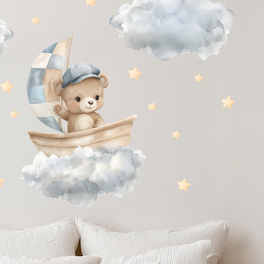 Wandaufkleber „Bär im Boot“ – Aquarell-Aufkleber fürs Kinderzimmer mit Wolken, Sternen und Mond, abnehmbare und ungiftige Babyzimmer-Dekoration