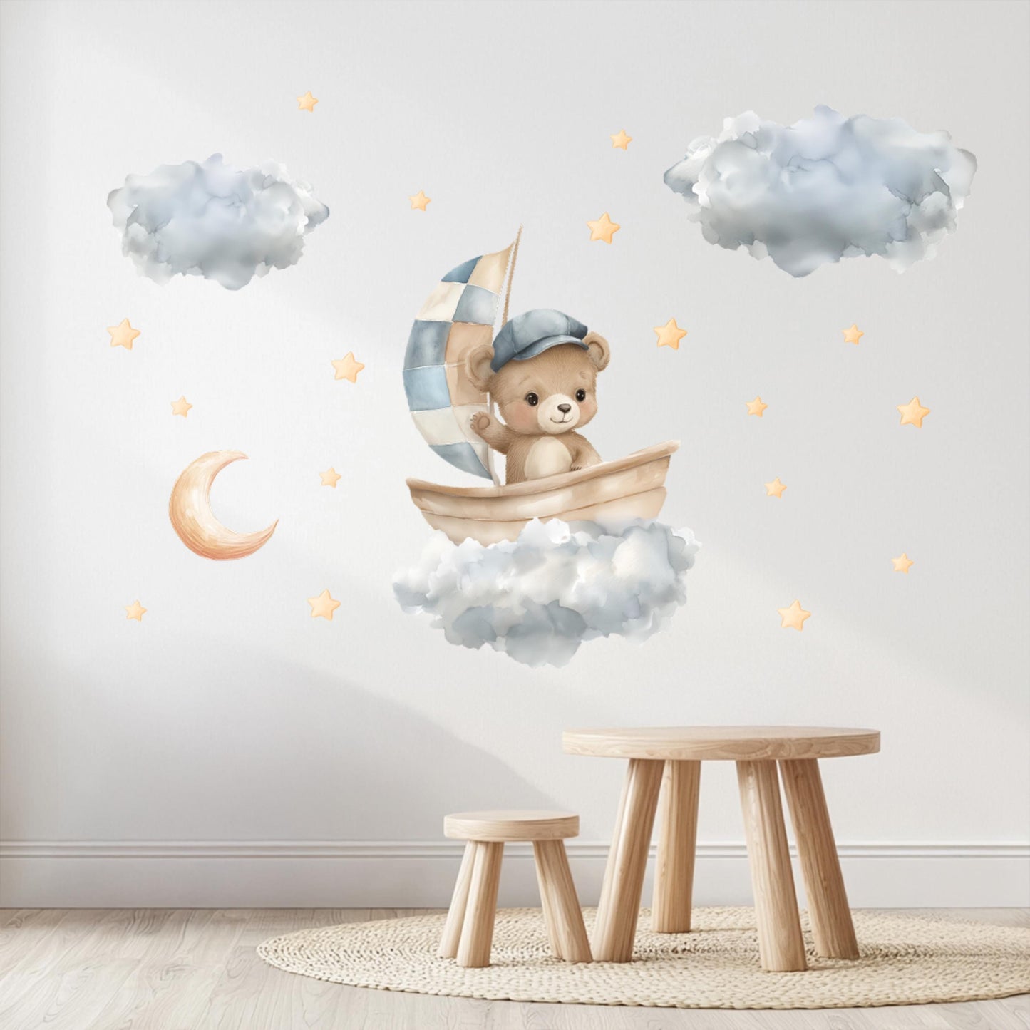 Bear in Boat Wall Decals – Watercolor Nursery Stickers with Clouds, Stars & Moon, Removable and Non-Toxic Baby Room Decor