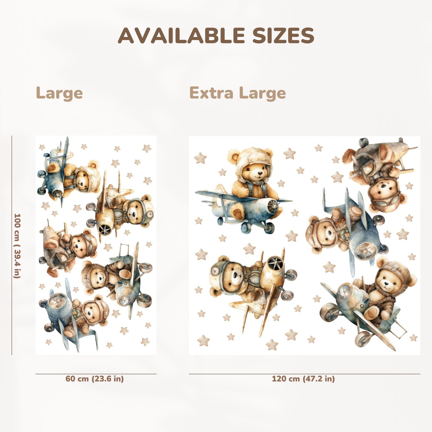 Bear Pilots Wall Decals – Adventure-Themed Nursery Decor for Boys, Removable Plane Stickers with Stars, Soft Watercolor Style