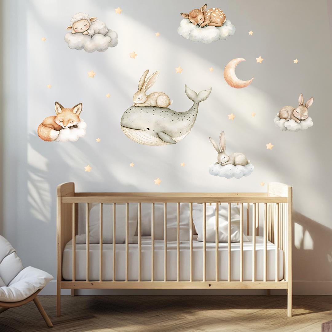 Whale and Bunny Wall Decals – Soft Pastel Sleeping Animals Baby Room Decor, Nursery Cloud & Star Theme, Non-Toxic Reusable Wall Art