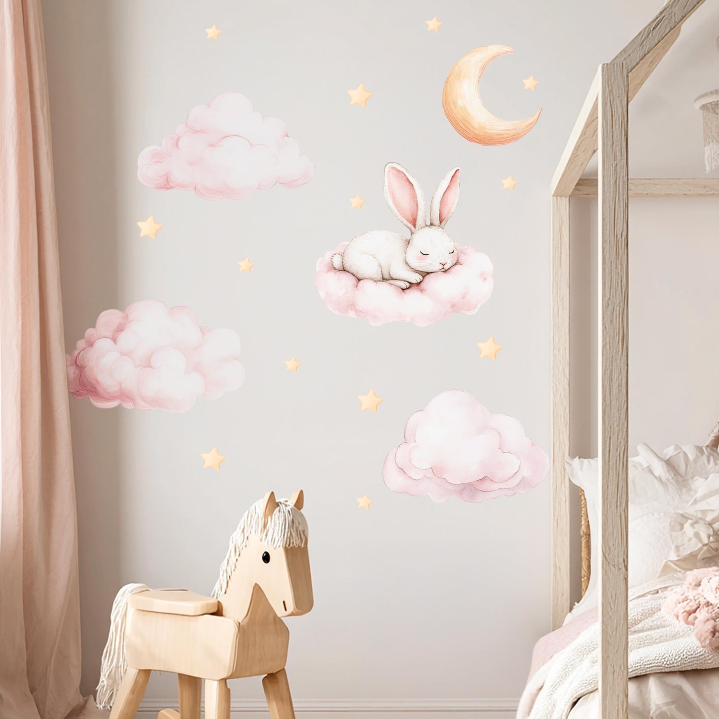Teddy Bunny Wall Decals – Sleeping Bunny on Cloud with Stars & Moon, Soft Pink Watercolor Nursery Stickers, Dreamy Girls Room Wall Decor