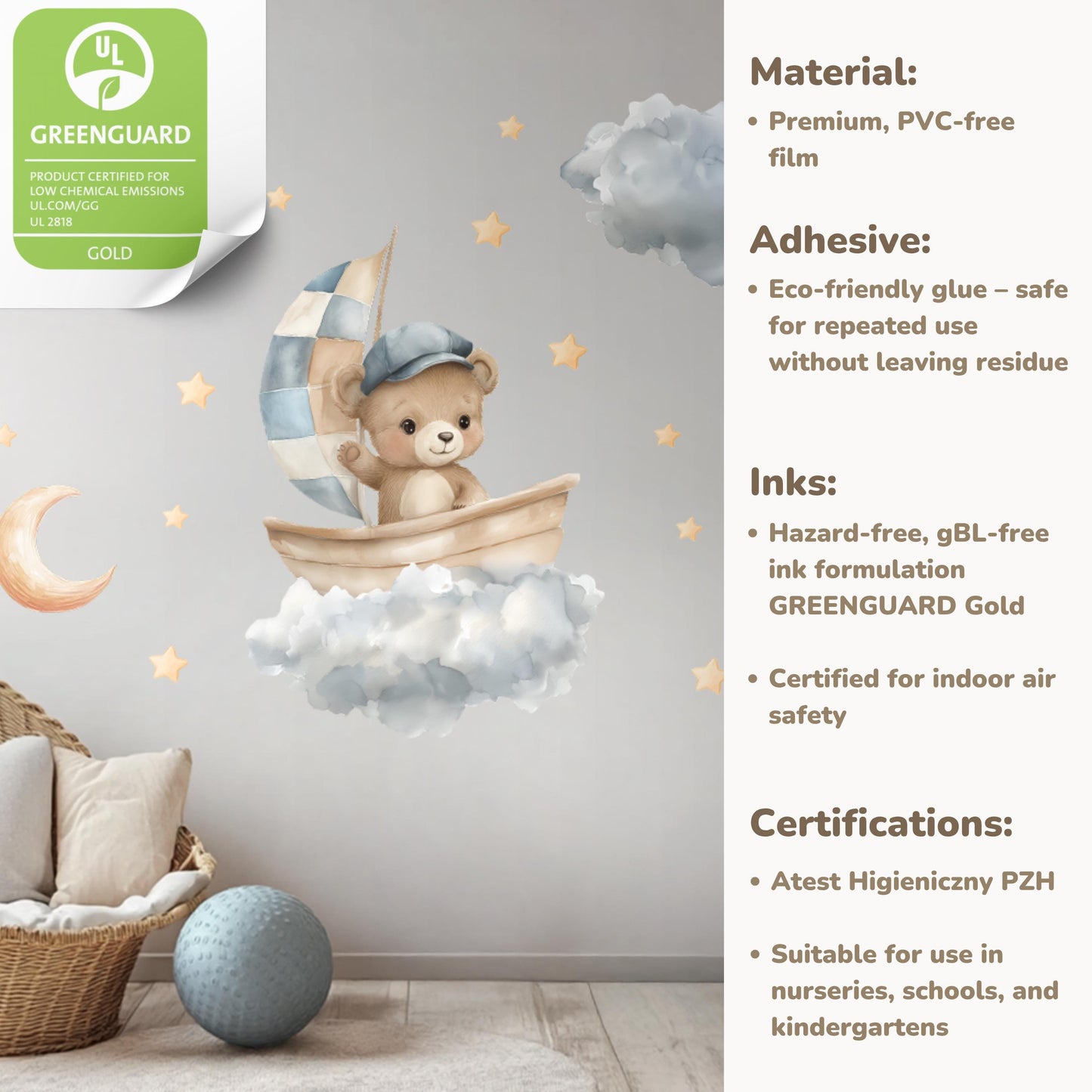 Bear in Boat Wall Decals – Watercolor Nursery Stickers with Clouds, Stars & Moon, Removable and Non-Toxic Baby Room Decor