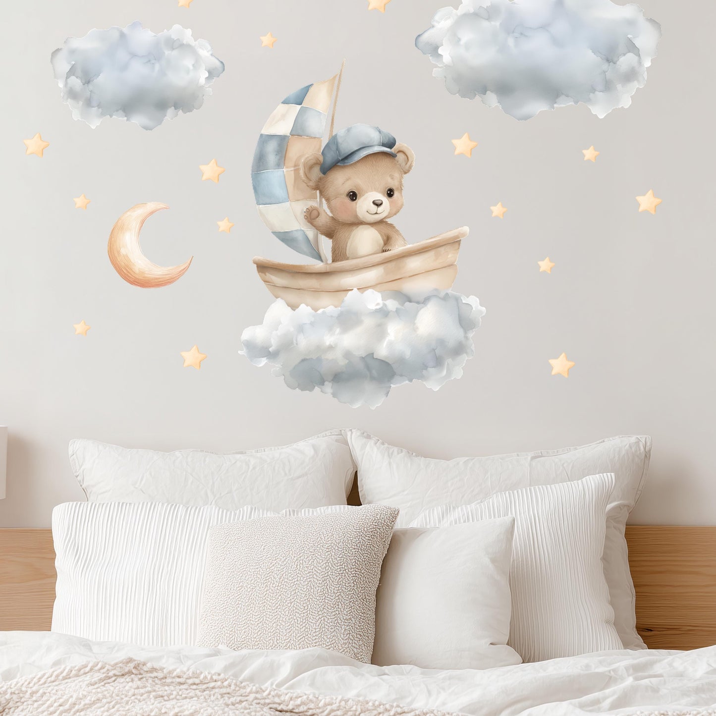 Bear in Boat Wall Decals – Watercolor Nursery Stickers with Clouds, Stars & Moon, Removable and Non-Toxic Baby Room Decor