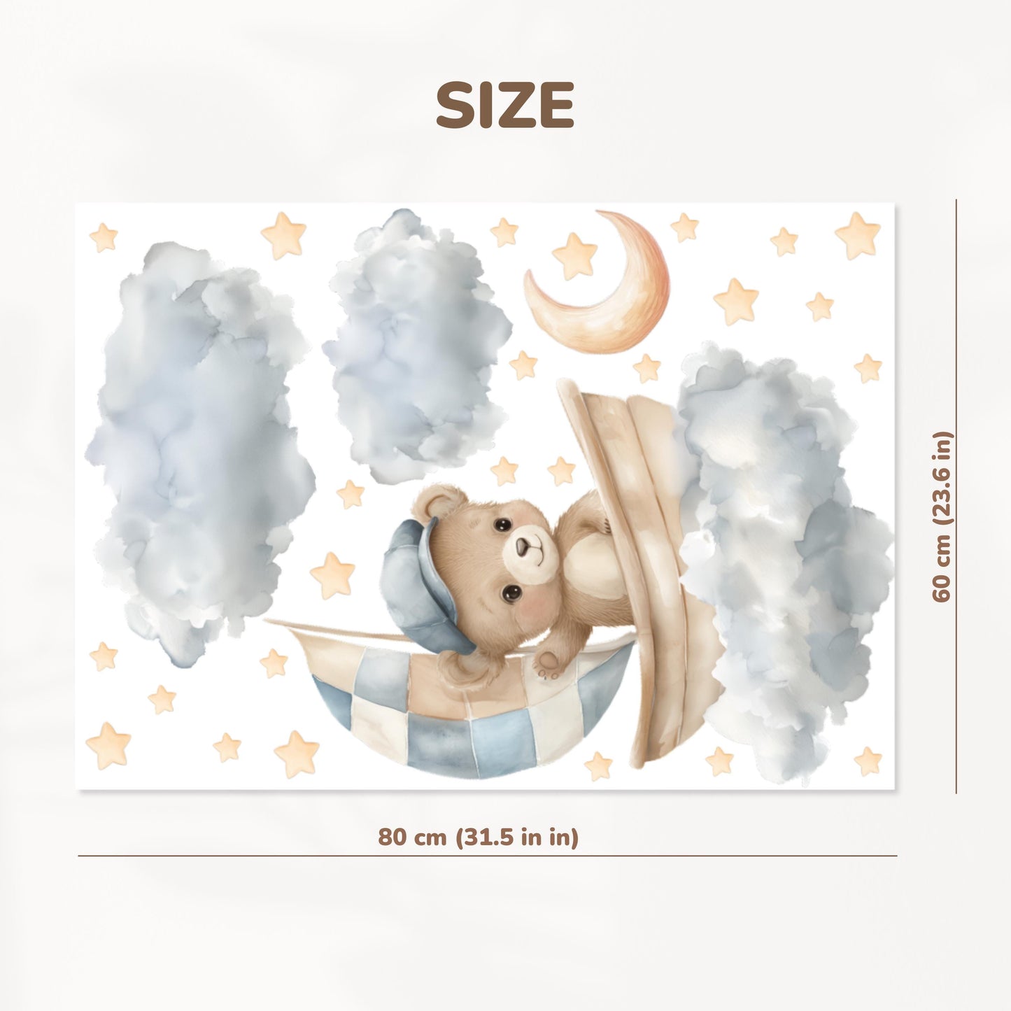 Bear in Boat Wall Decals – Watercolor Nursery Stickers with Clouds, Stars & Moon, Removable and Non-Toxic Baby Room Decor