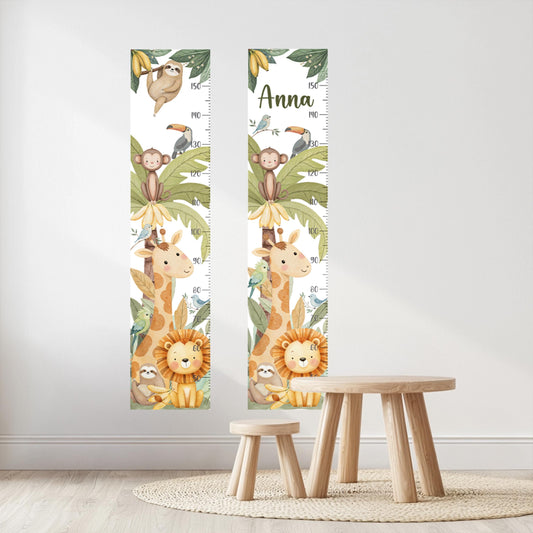 Jungle Animals Height Chart Wall Decals – Watercolor Growth Ruler with Giraffe, Monkey & Lion – Reusable Nursery Wall Art in Safari Theme