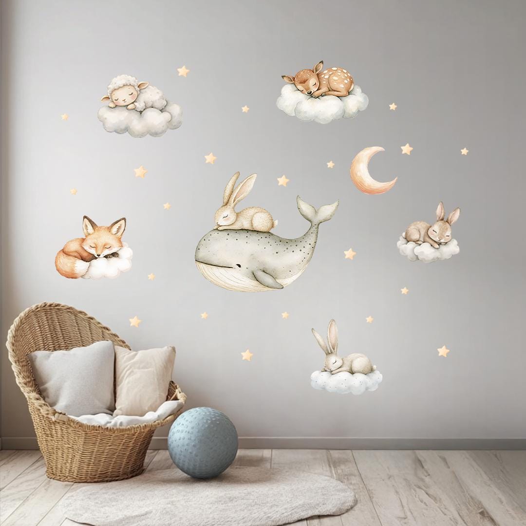 Whale and Bunny Wall Decals – Soft Pastel Sleeping Animals Baby Room Decor, Nursery Cloud & Star Theme, Non-Toxic Reusable Wall Art