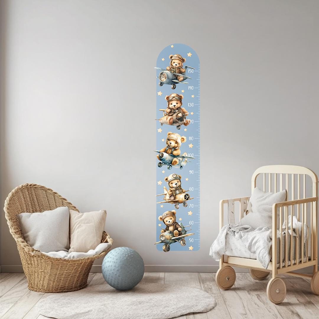 Teddy Bear Aviator Growth Chart Wall Decal – Personalized Height Ruler for Kids, Peel & Stick, Eco-Friendly Nursery Wall Art