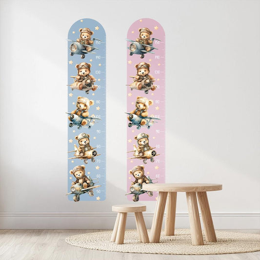 Teddy Bear Aviator Growth Chart Wall Decal – Personalized Height Ruler for Kids, Peel & Stick, Eco-Friendly Nursery Wall Art
